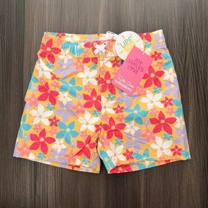 Ruffle Butts Yellow Floral Swim Shorts with Pink & Teal Accents